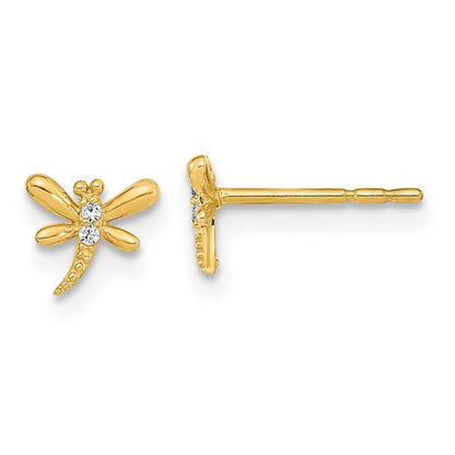 14k Yellow Gold Polished Dragonfly with Cubic Zirconia Stud Earrings