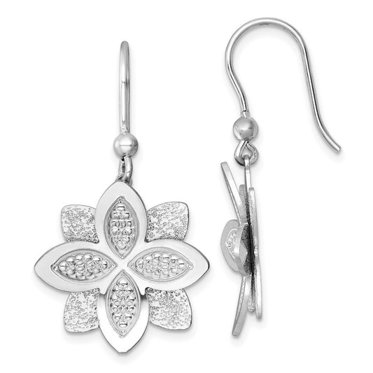 Sterling Silver Polished Brushed & Textured Flower Shepherd Hook Dangle Earrings