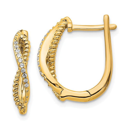 14k Yellow Gold Diamond and Twisted Rope Hinged Hoop Earrings