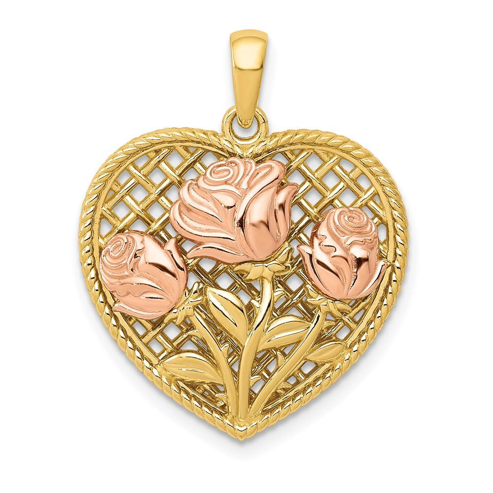 14k Two-tone Gold Polished Flowers in Heart Pendant for Women