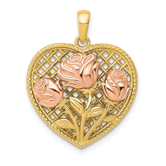 14k Two-tone Gold Polished Flowers in Heart Pendant for Women