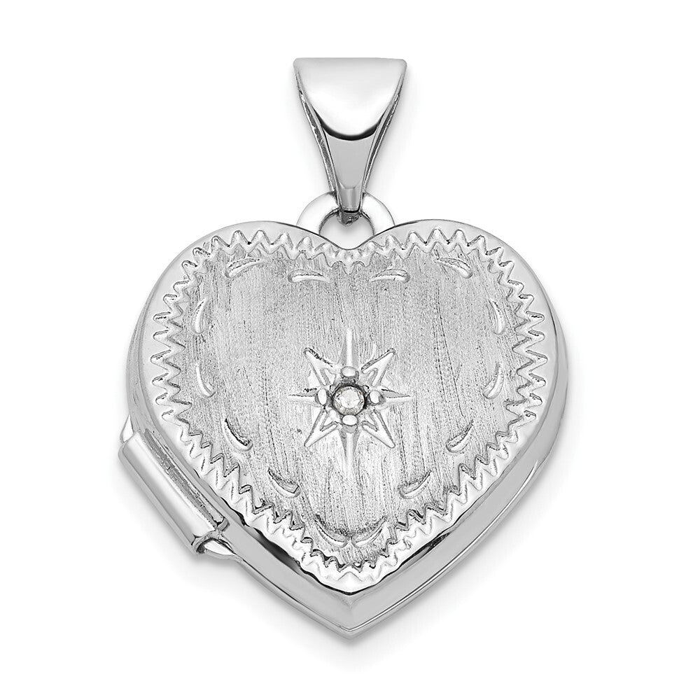 14k White Gold Brushed Diamond Star 15mm Heart Locket Pendant for Women