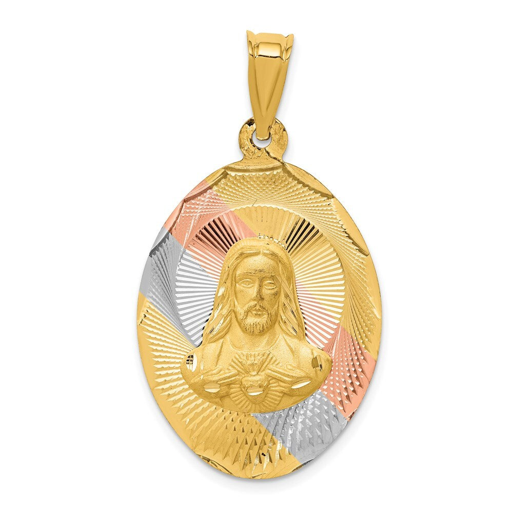 14k Yellow Gold Rose and White Rhodium Diamond-Cut Sagrado Corazon Oval Pendant