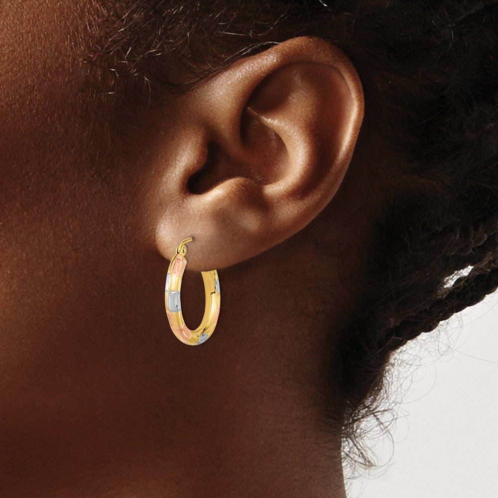 14k Yellow Gold w/and Rose Rhodium Polished Satin Diamond-cut Hoop Earrings