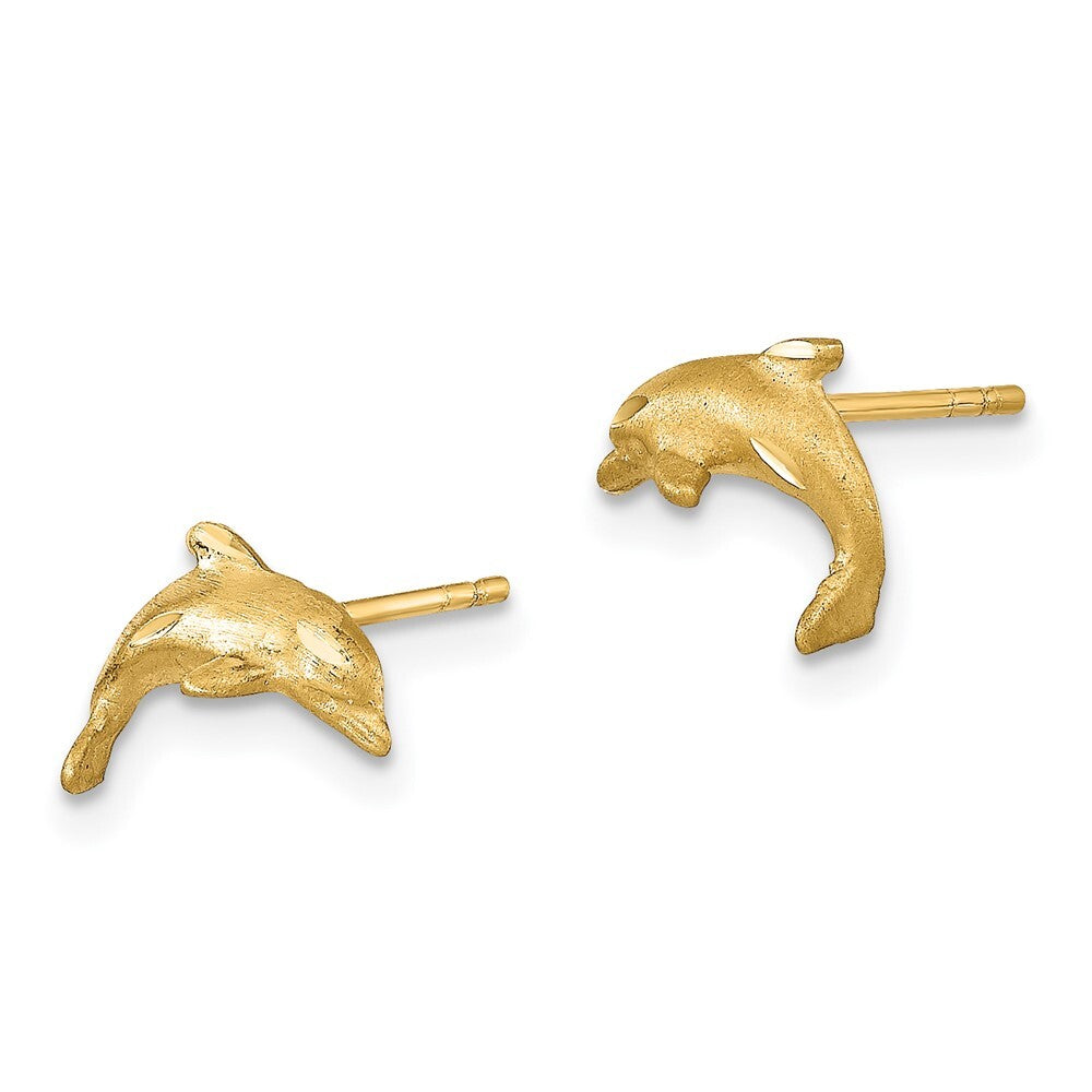 14k Yellow Gold Satin Diamond-cut Dolphin Stud Earrings Gift for Women