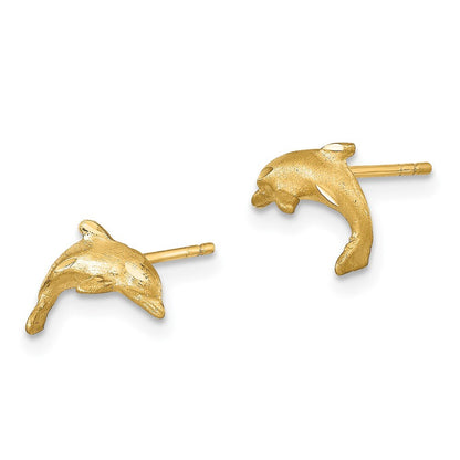 14k Yellow Gold Satin Diamond-cut Dolphin Stud Earrings Gift for Women