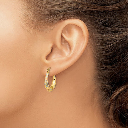 14k Yellow Gold White and Rose Rhodium Polished Satin Diamond-cut Hoop Earrings