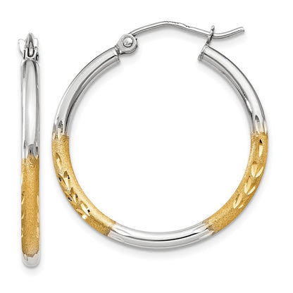14k Yellow Gold w/White Rhodium 2mm Satin and Polished Diamond-cut Hoop Earrings