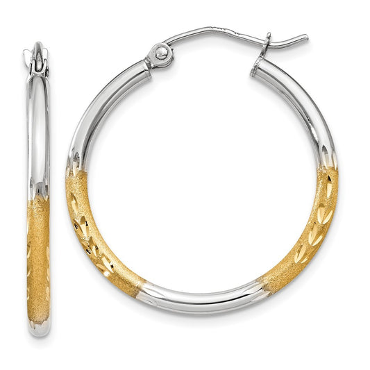 14k Yellow Gold w/White Rhodium 2mm Satin and Polished Diamond-cut Hoop Earrings
