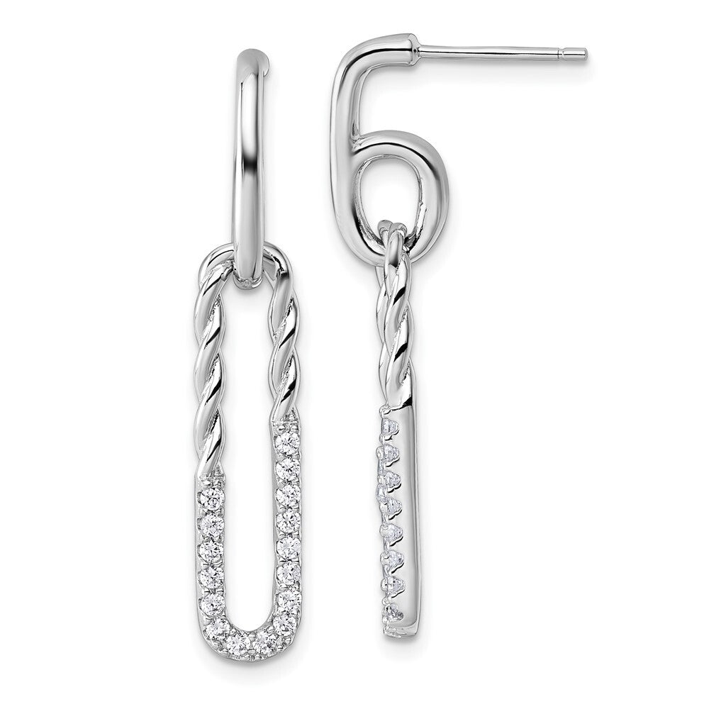 Sterling Silver Cubic Zirconia Twisted Paper Clip Dangle Post Earrings