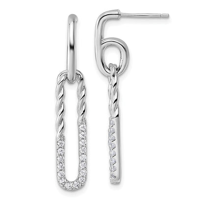 Sterling Silver Cubic Zirconia Twisted Paper Clip Dangle Post Earrings