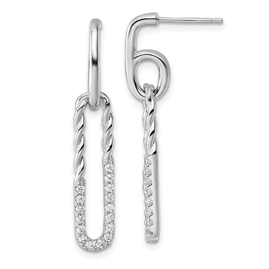 Sterling Silver Cubic Zirconia Twisted Paper Clip Dangle Post Earrings