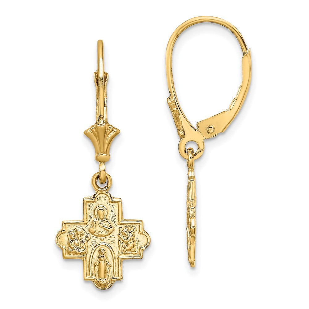 14k Yellow Gold Small 4-Way Medal Cross Leverback Earrings