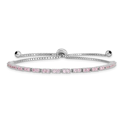 Sterling Silver Rhodium Plated October Pink CZ Adjustable Bracelet