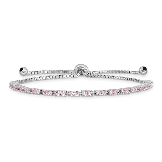 Sterling Silver Rhodium Plated October Pink CZ Adjustable Bracelet