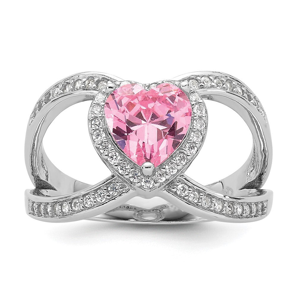 Sterling Silver Rhodium-plated Clear and Pink CZ Heart Ring Size 7