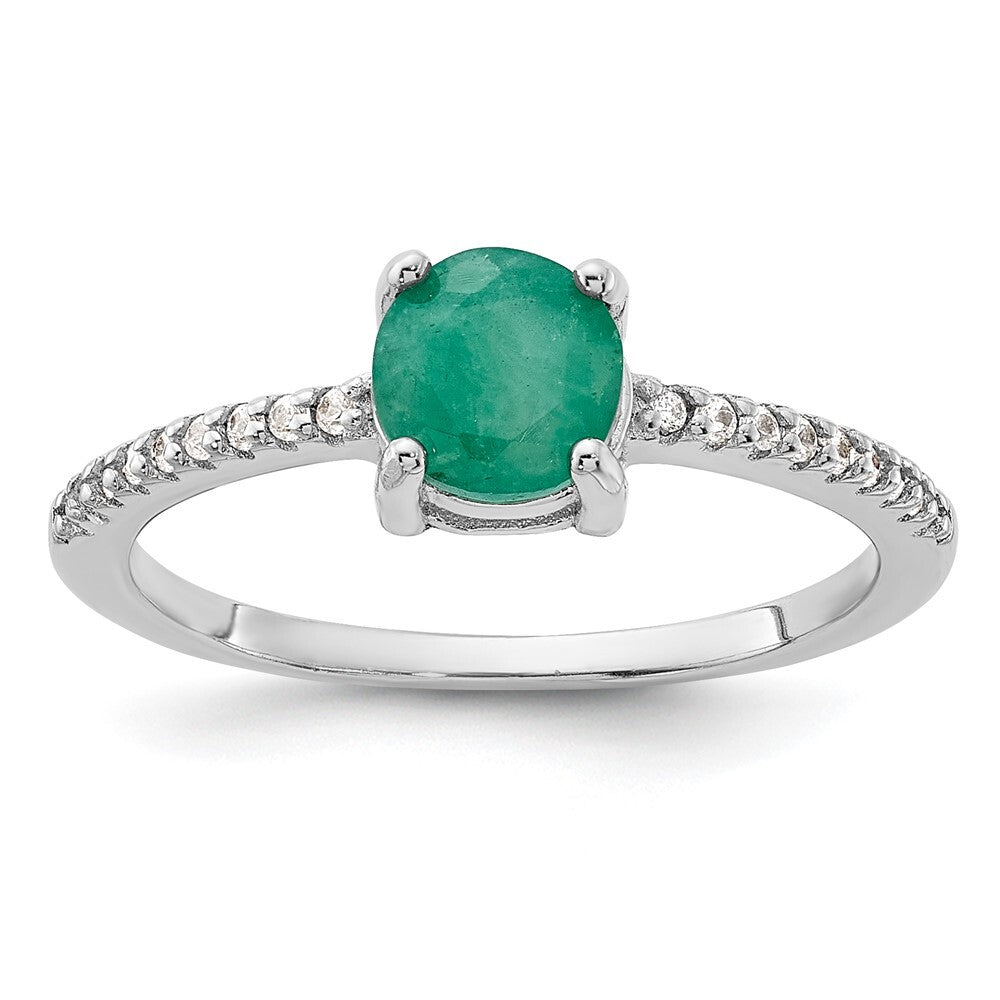 Sterling Silver Rh-plated-plated 1.0EM Emerald and .12WT White Topaz Ring Size 8
