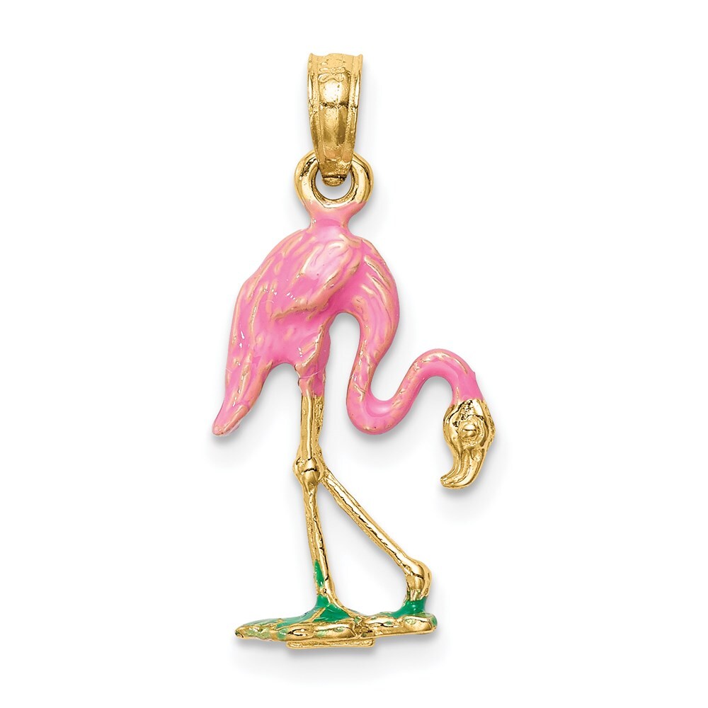 14k Yellow Gold Enameled Flamingo Pendant for Women