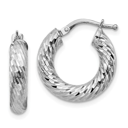 14k White Gold Diamond-cut Round Hoop Earrings Gift for Women