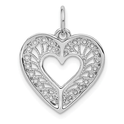 14k White Gold Solid Diamond-cut Fancy Filigree Heart Charm Pendant for Women