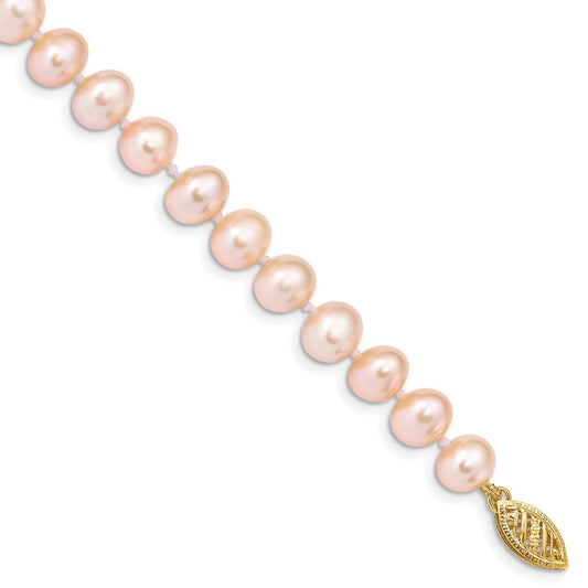 14k Yellow Gold 7-8mm Pink Near-Round Freshwater Cultured Pearl 7.5" Bracelet