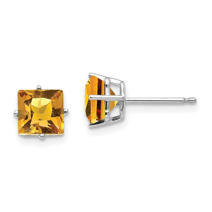 14k White Gold 6mm Princess Cut Citrine Stud Earrings Gift for Women