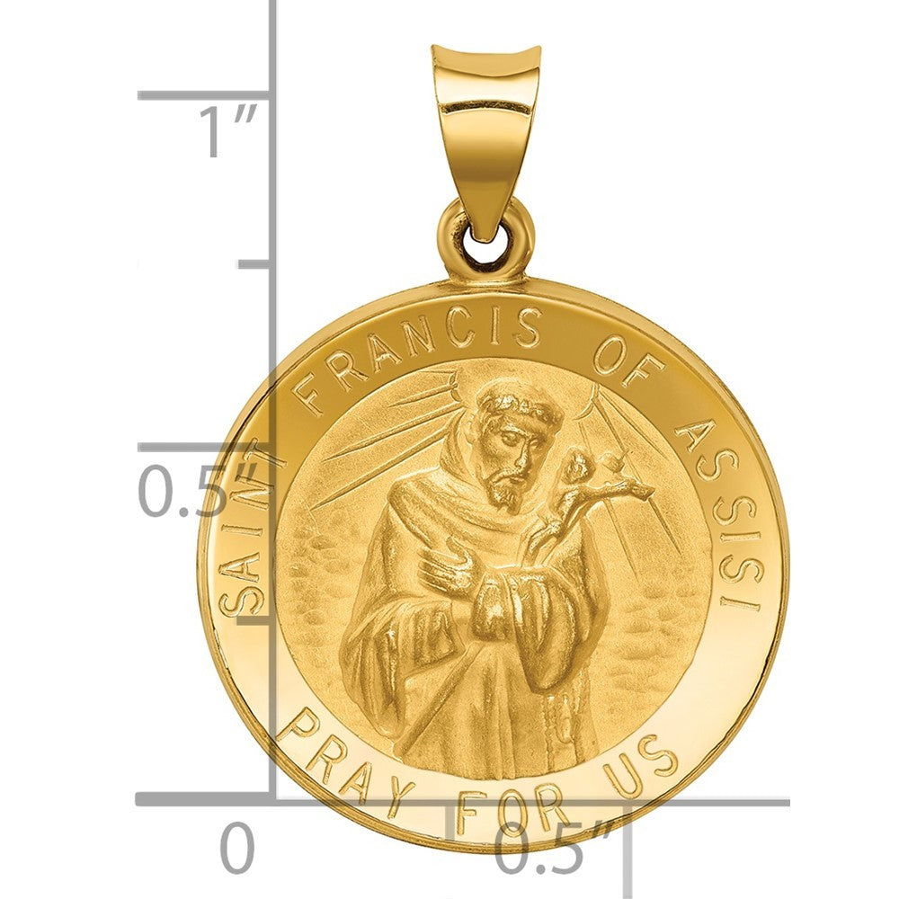 14k Yellow Gold Polished and Satin St Francis of Assisi Medal Hollow Pendant