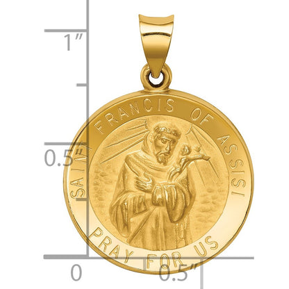 14k Yellow Gold Polished and Satin St Francis of Assisi Medal Hollow Pendant
