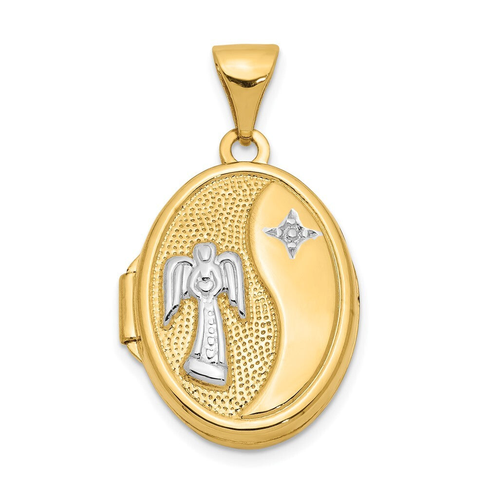 14k Yellow Gold  White Rhodium 17mm Guardian Angel Oval Locket Pendant