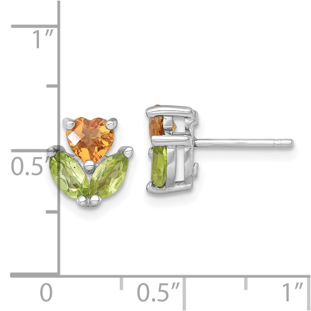 Sterling Silver Polished Heart Citrine and Peridot Flower Earrings