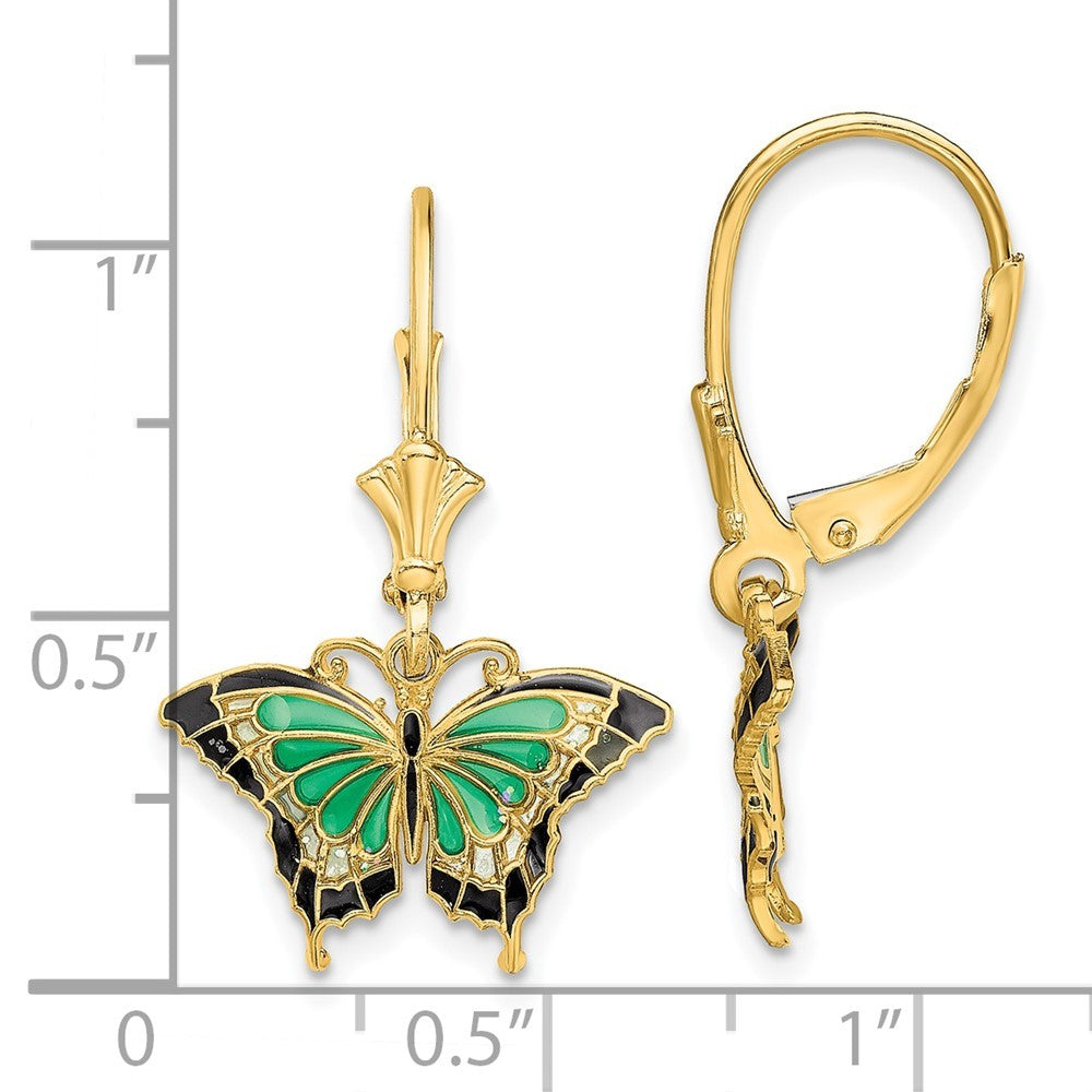 14k Yellow Gold Butterfly w/ Green Enameled Wings Drop Dangle Earrings