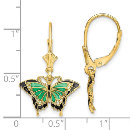 14k Yellow Gold Butterfly w/ Green Enameled Wings Drop Dangle Earrings