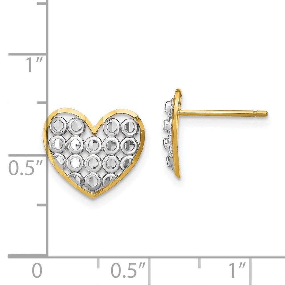 14k Yellow Gold Rhodium Diamond-Cut Heart Stud Earrings Gift for Women