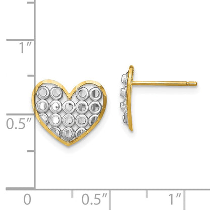 14k Yellow Gold Rhodium Diamond-Cut Heart Stud Earrings Gift for Women