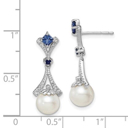 Sterling Silver Rhod Plated Diamond & Cultured Pearl Cr. Sapphire Earrings