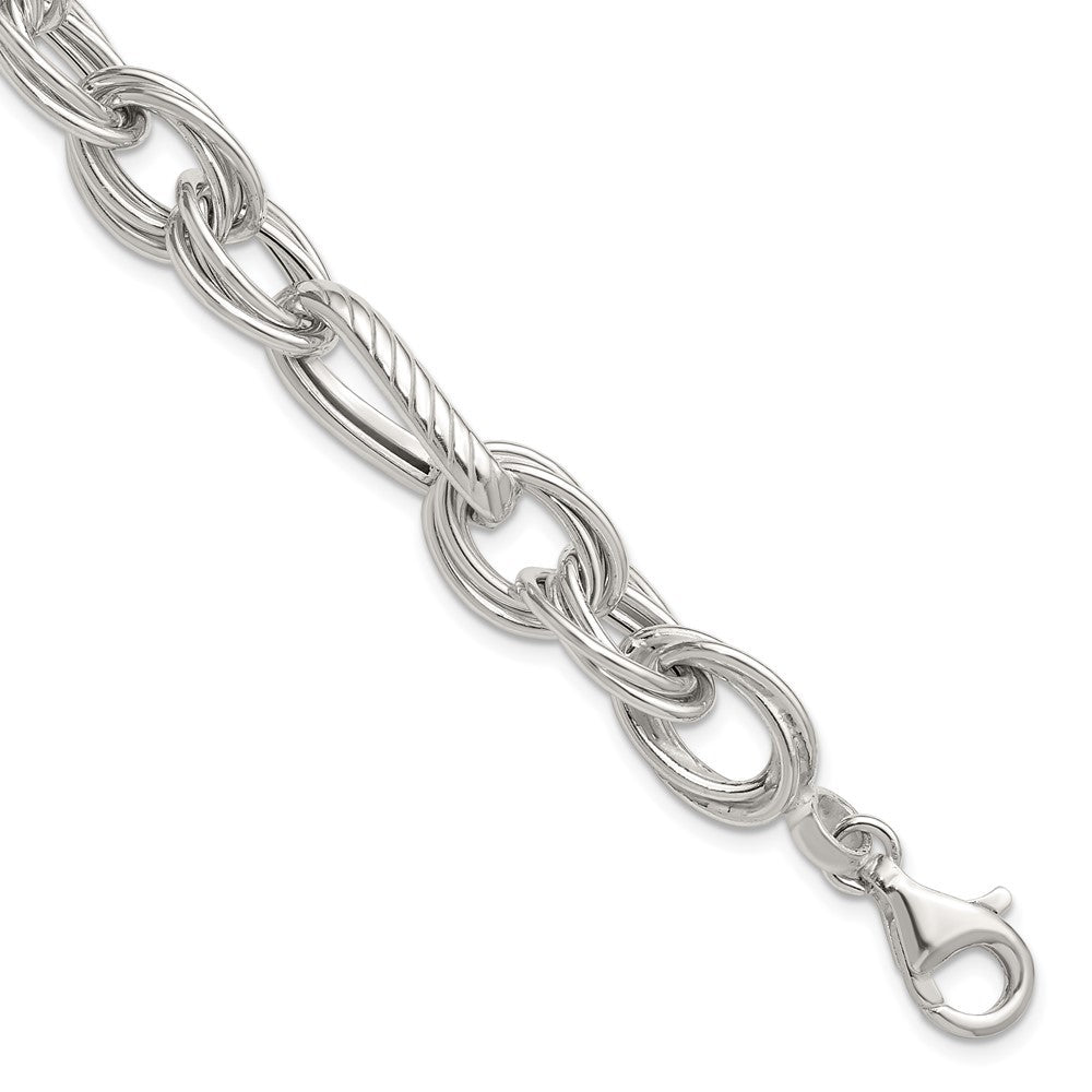 Sterling Silver Polished and Textured Triple Link and Twisted Link 8" Bracelet