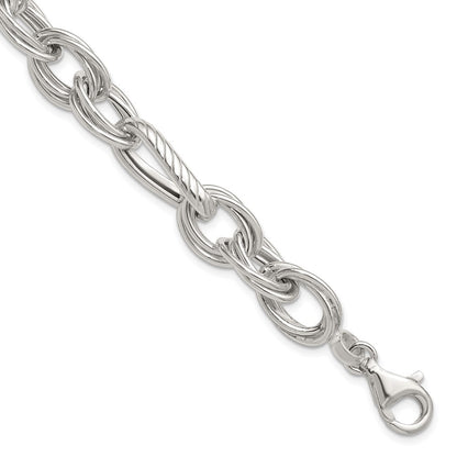 Sterling Silver Polished and Textured Triple Link and Twisted Link 8" Bracelet