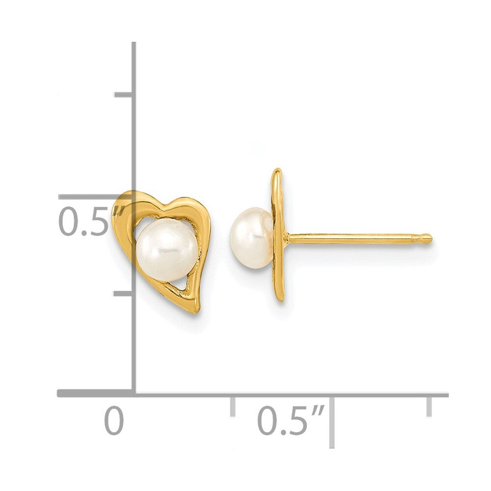 14k Yellow Gold 3-4mm White Button Freshwater Cultured Pearl Heart Stud Earrings