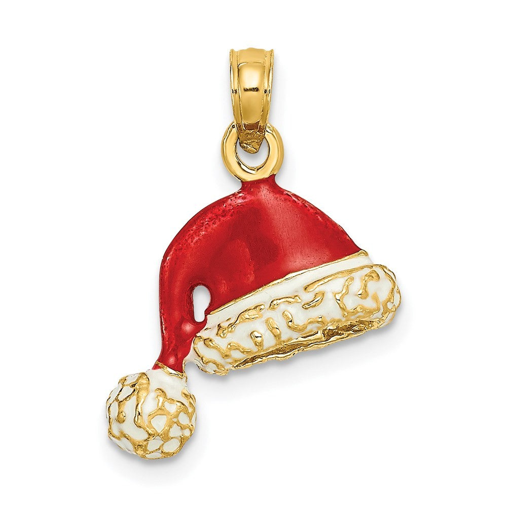 14k Yellow Gold 3-D Red and White Enameled Santa Hat Charm