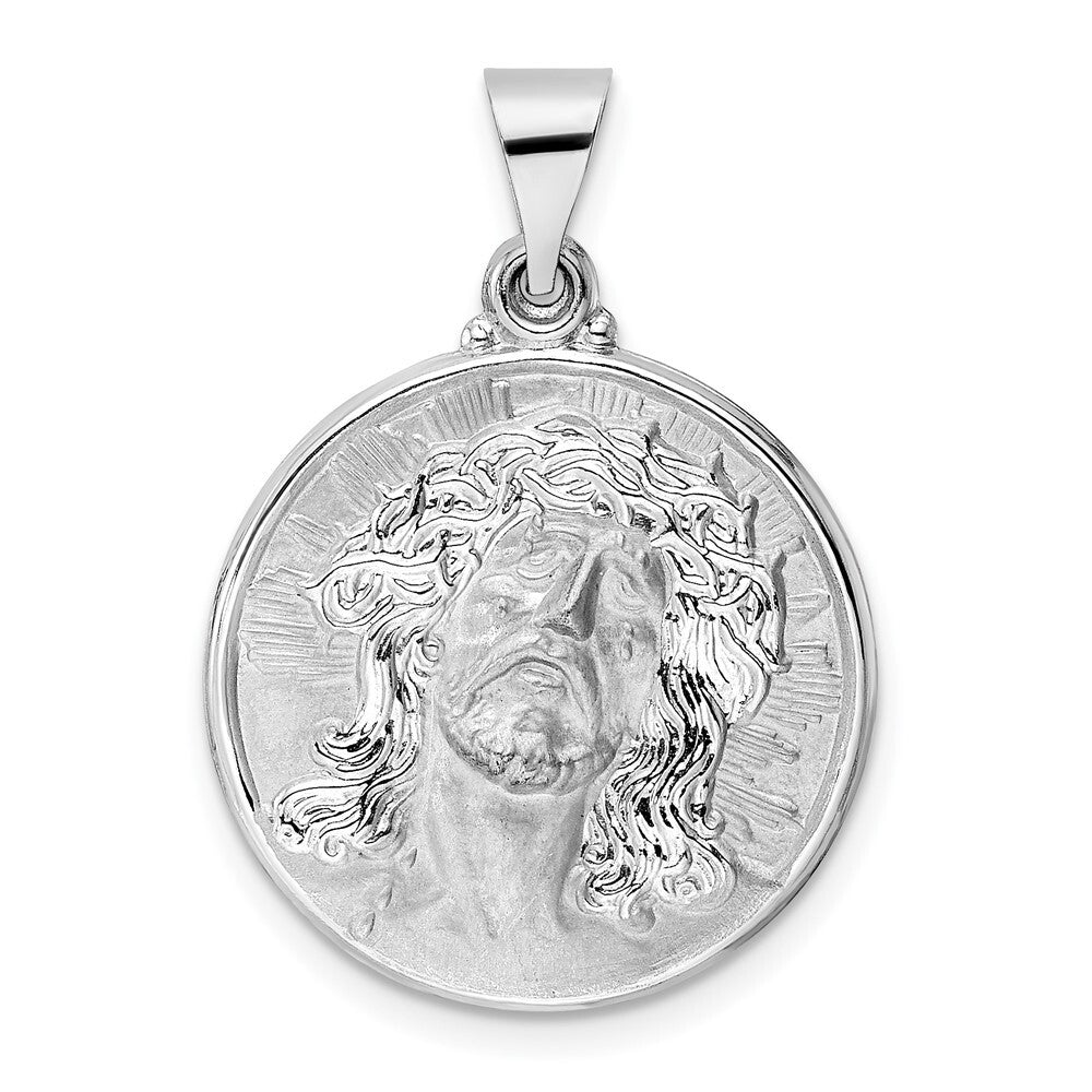 14k White Gold Polished and Satin Hollow Jesus Face Disc Pendant for Women