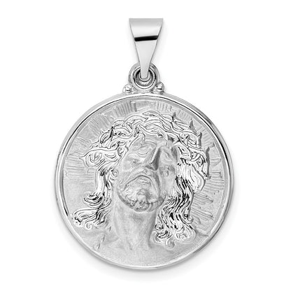 14k White Gold Polished and Satin Hollow Jesus Face Disc Pendant for Women