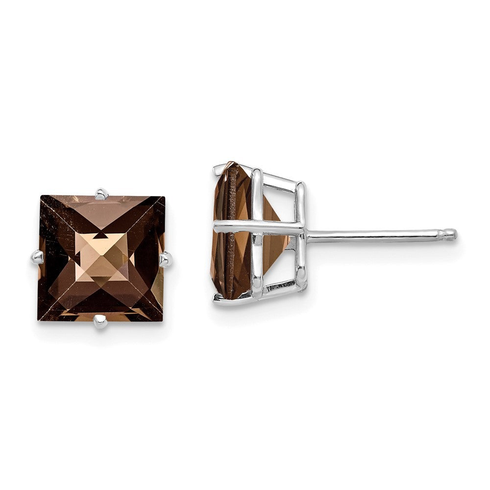 14K White Gold Princess 4-Prong 8.0mm Checker-Cut Smoky Quartz Earrings