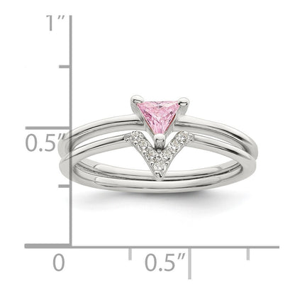 Sterling Silver Pink Trillion CZ and White CZ Ring Set Size 7