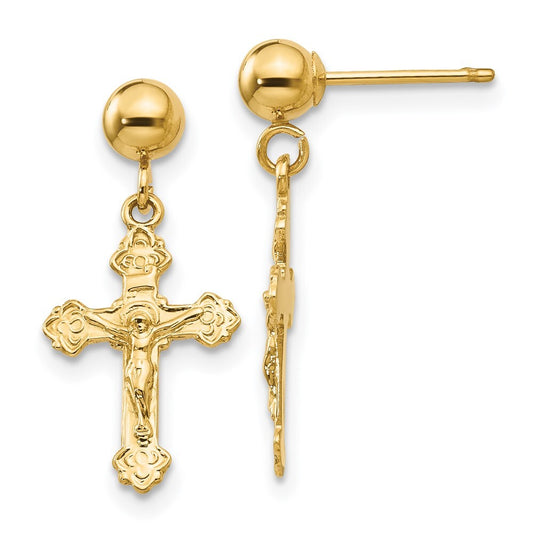14k Yellow Gold Polished Crucifix Stud Earrings Gift for Women