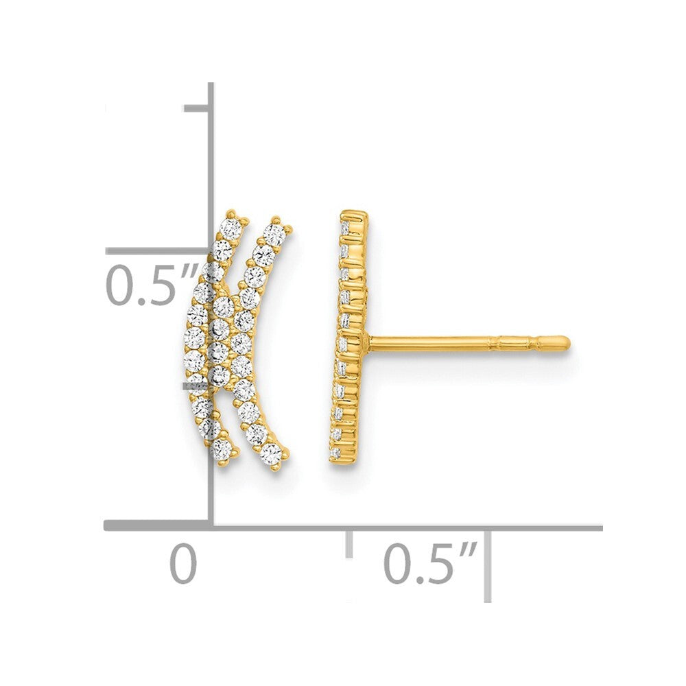 14k Yellow Gold Polished Curved Bar Cubic Zirconia Stud Earrings Gift for Women