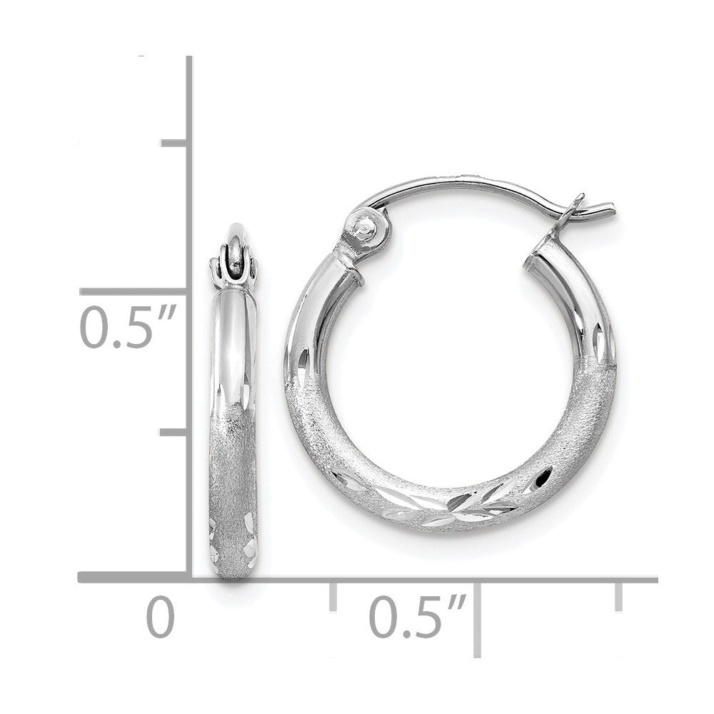 14k White Gold Satin and Diamond-cut 2mm Round Hoop Earrings Gift for Women