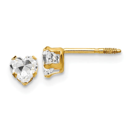 14k Yellow Gold 4mm White Cubic Zirconia Heart Stud Earrings Gift for Women