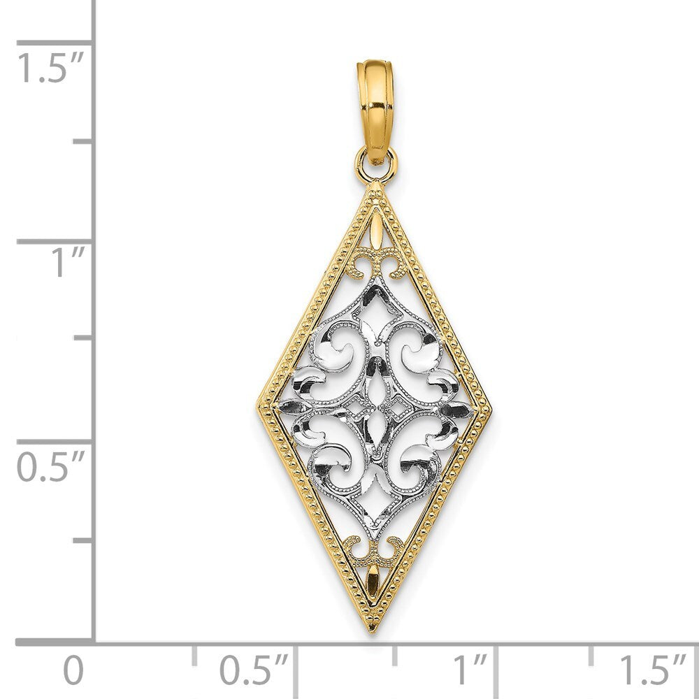 14k Yellow Gold Rhodium Diamond Shape Cut-Out Filigree Charm Pendant for Women