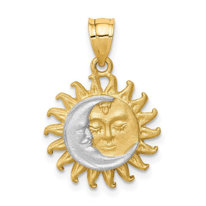 14k Yellow Gold White Rhodium Brushed Sun and Moon Pendant for Women
