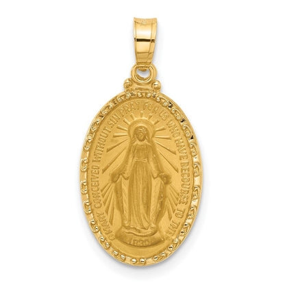 14k Yellow Gold Satin and Polished Miraculous Medal Solid Oval Pendant for Women